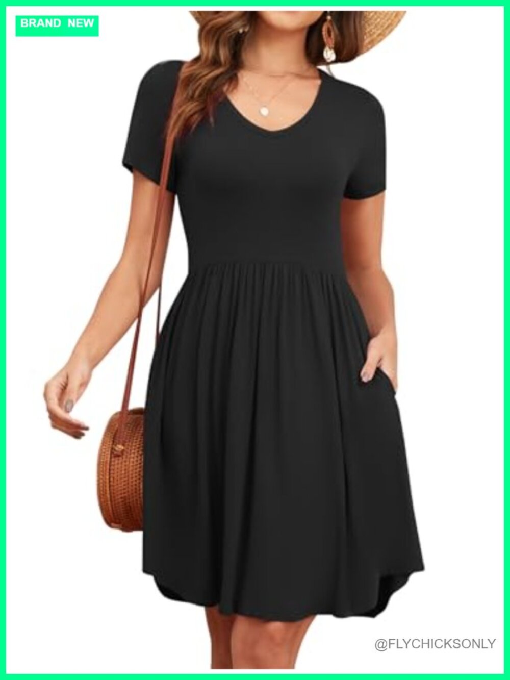 Women's Casual Short Sleeve Loose Fit Swing T Shirt Dress V Neck Sundress with